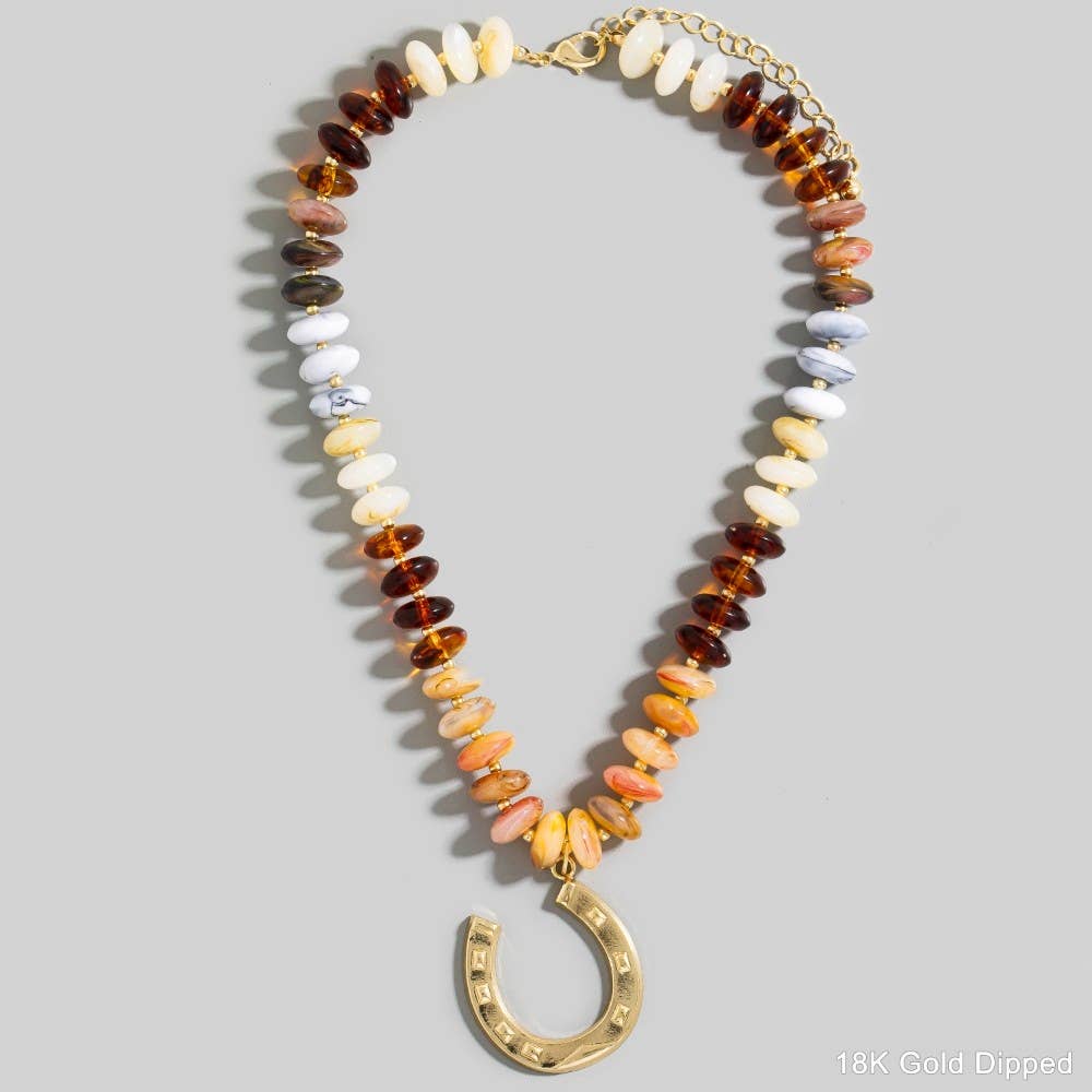 Gold Horse Shoe Pendant Marble Resin Disc Beaded Necklace