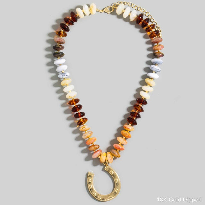 Gold Horse Shoe Pendant Marble Resin Disc Beaded Necklace