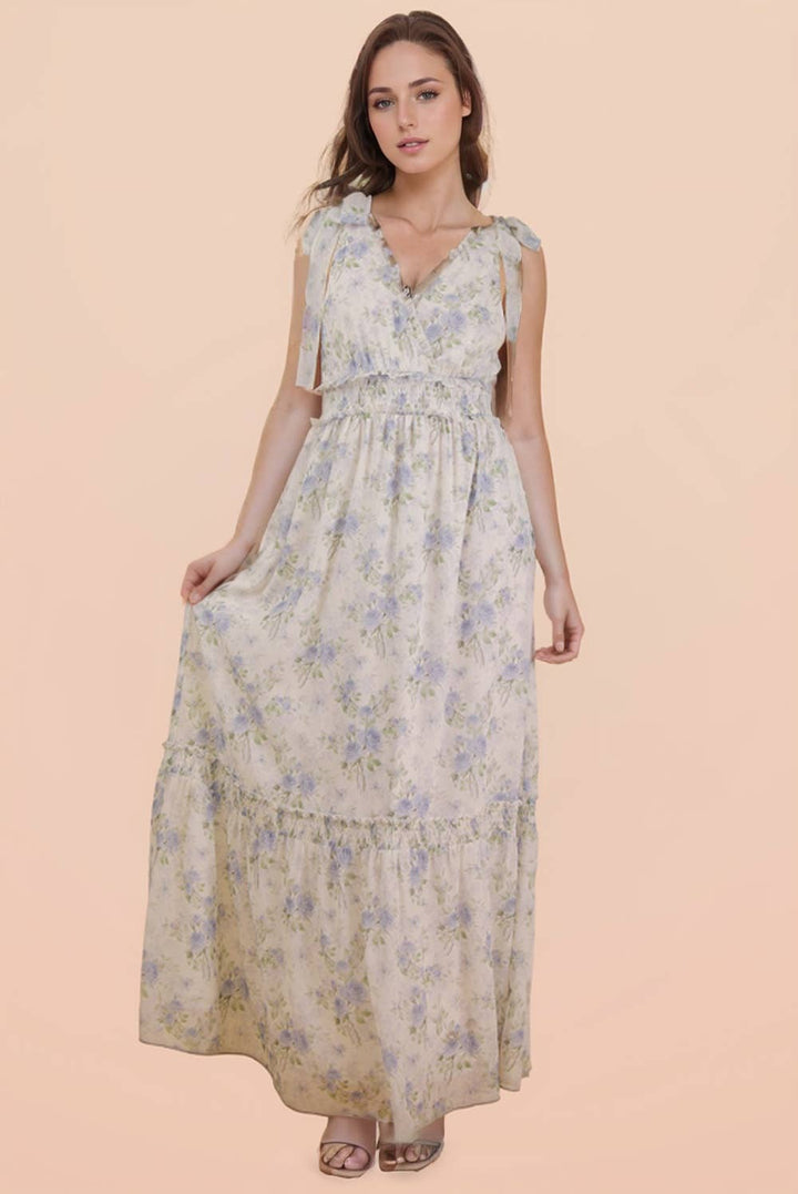Floral Blue Printed Shoulder Strap Midi Dress