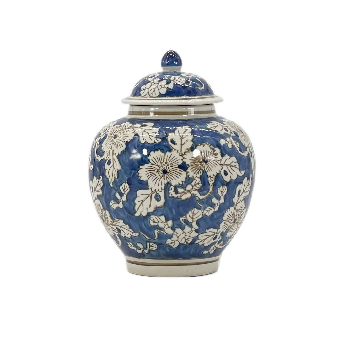 Blue & White Ceramic Chinoiserie Floral Jar 10"