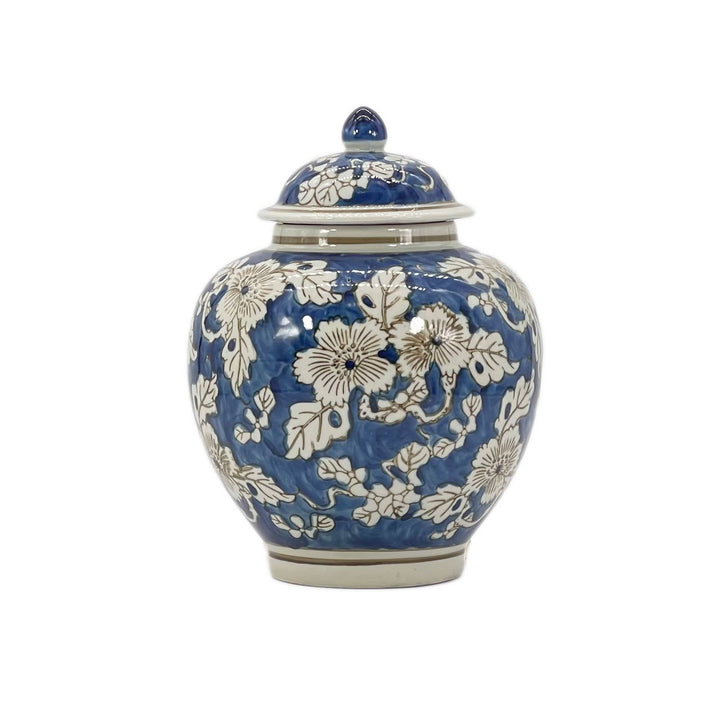 Blue & White Ceramic Chinoiserie Floral Jar 10"