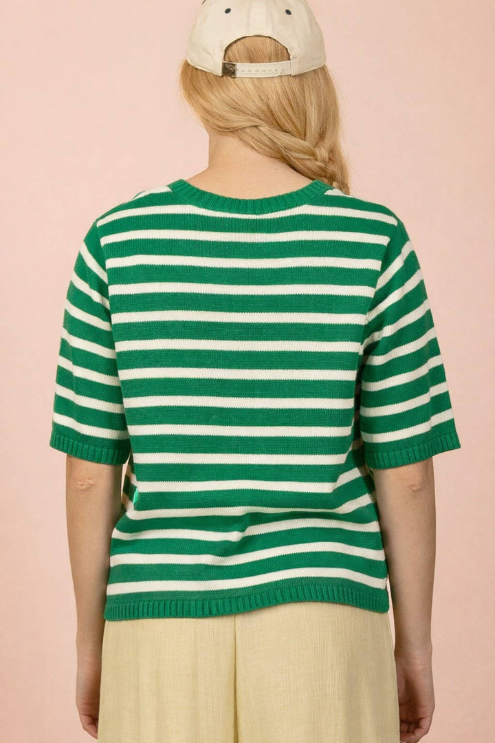 Stripe Button Down Knit Sweater Top Kelly Green