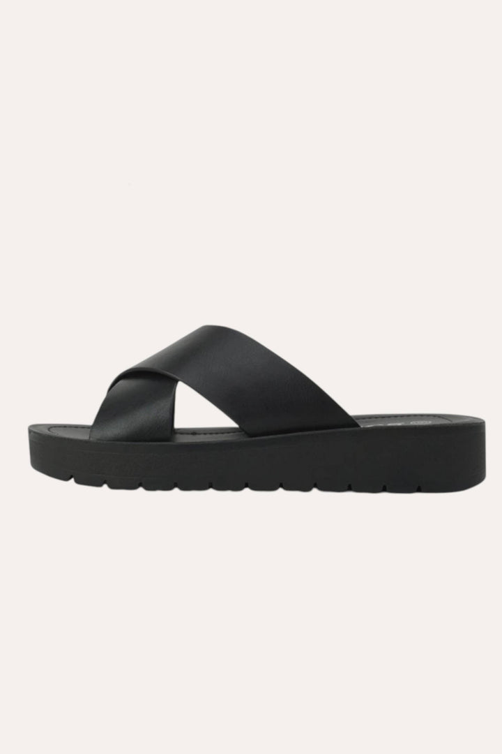 LUCY LIGHT-WEIGHT WEDGE PLATFORM CROSS STRAP SLIDE SANDAL