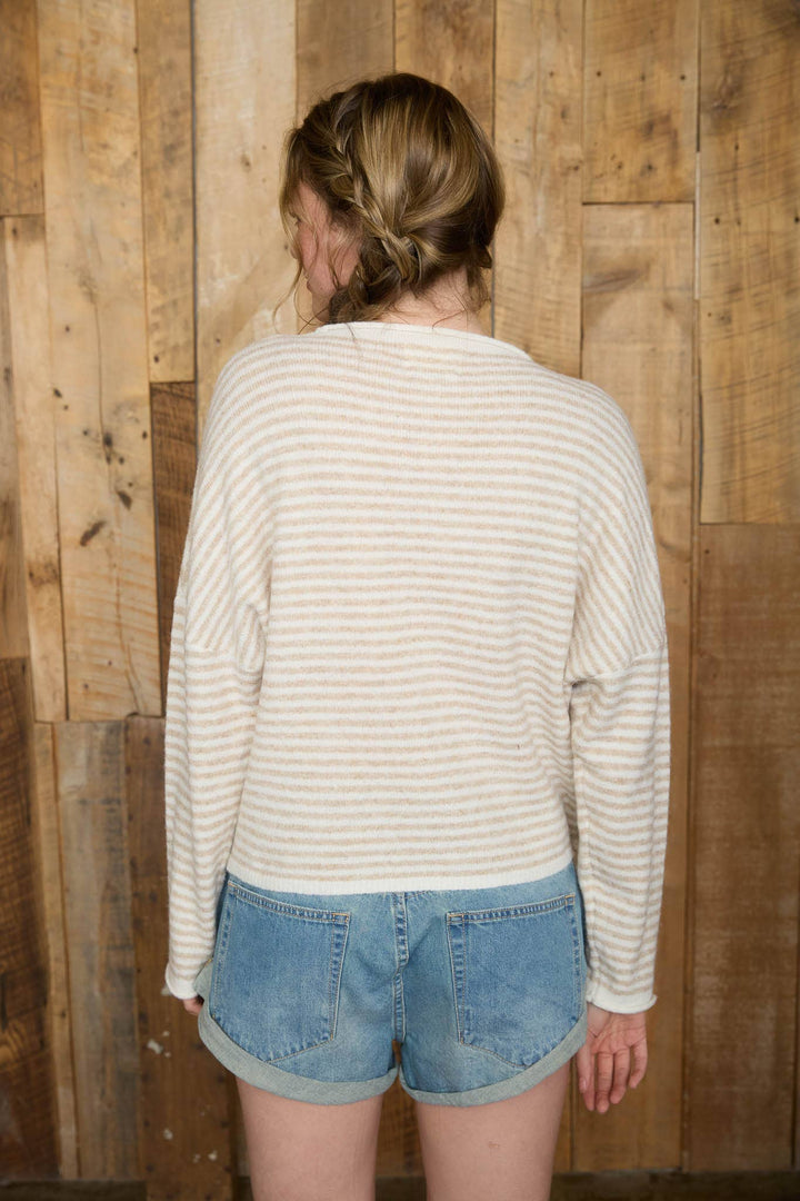 STRIPE RAW EDGE DROP SHOULDER KNIT CARDIGAN