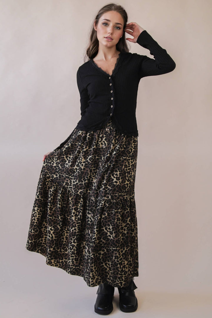 Button Down Leopard Printed Midi Skirt