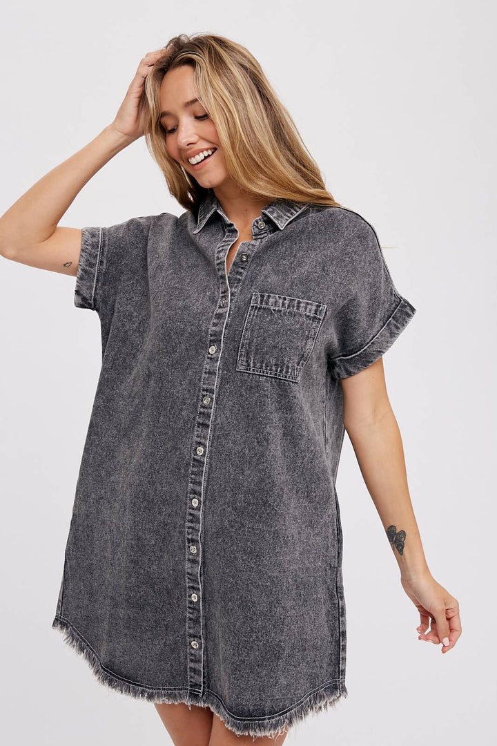 FRAYED HEM WASHED DENIM SHIRT DRESS