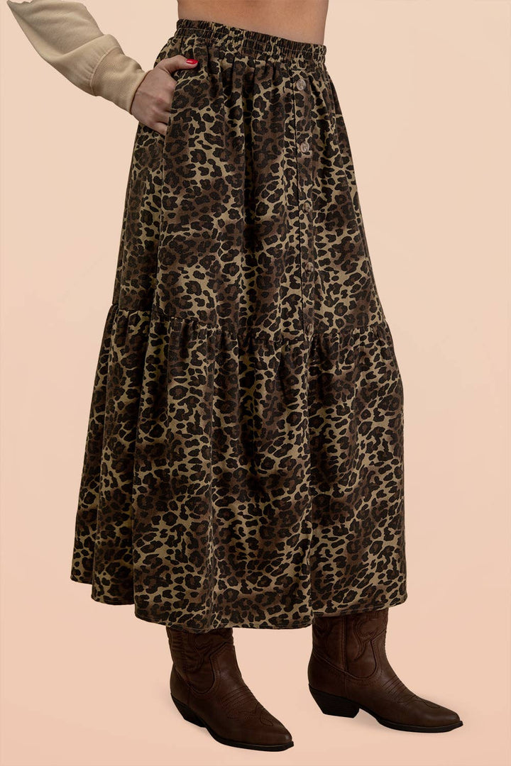 Button Down Leopard Printed Midi Skirt