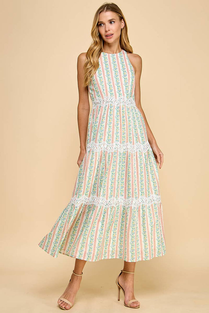 CD05287-Floral Stripe Print Scallop Lace Accent Midi Dress