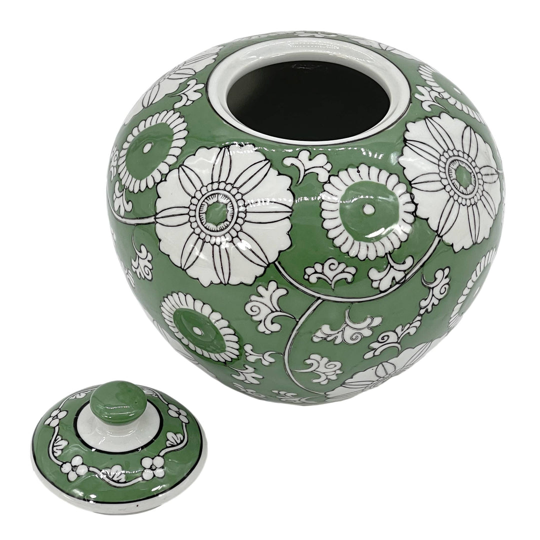 Green & White Floral Ceramic Chinoiserie Ginger Jar 8"
