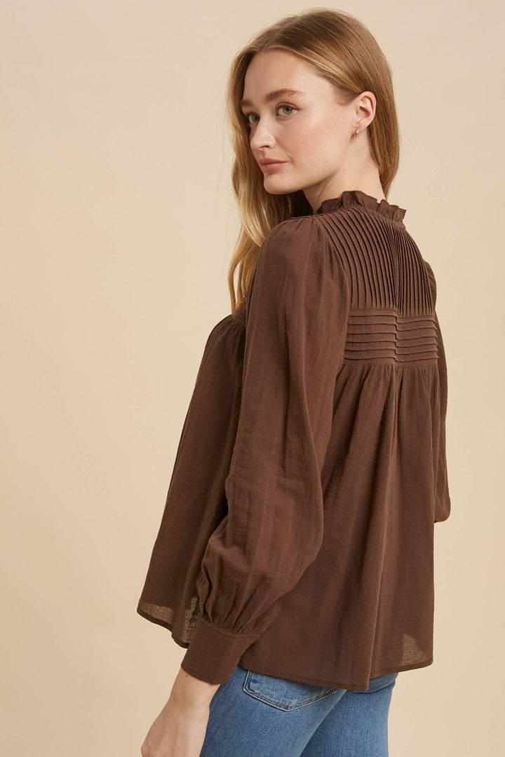 PINTUCK PLEATED MOCK NECK BLOUSE