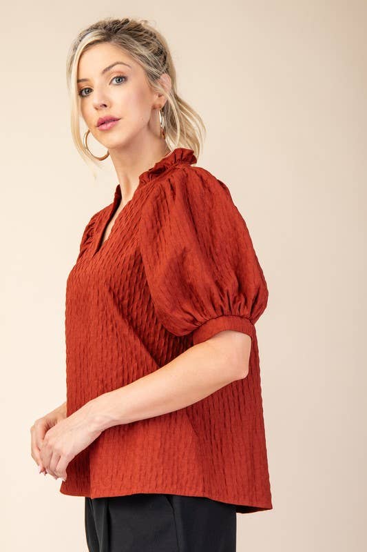 Ruffle V-Neck Puff Sleeve Top