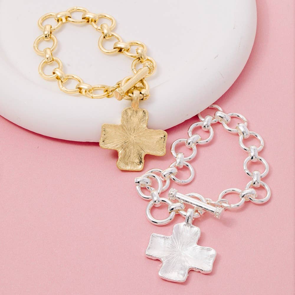 Hammered Cross Toggle Chain Bracelet
