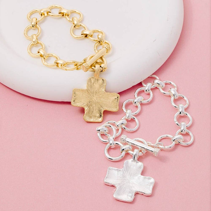Hammered Cross Toggle Chain Bracelet