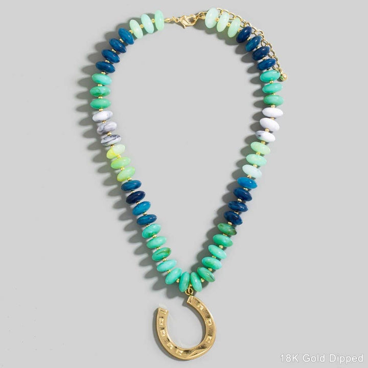 Gold Horse Shoe Pendant Marble Resin Disc Beaded Necklace