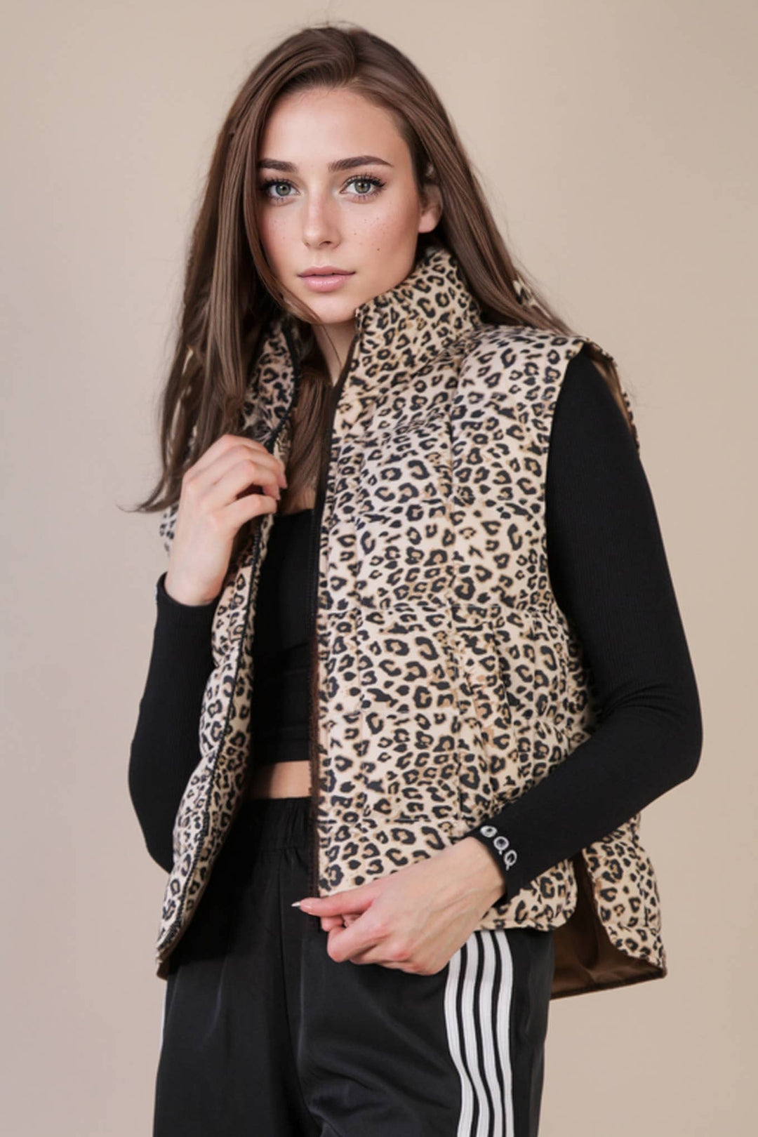 NJ90282-Solid & Leopard Puffer Padded Warm Vest