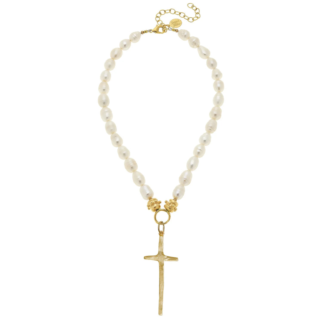 Susan Shaw Tall Cross Pearl Necklace